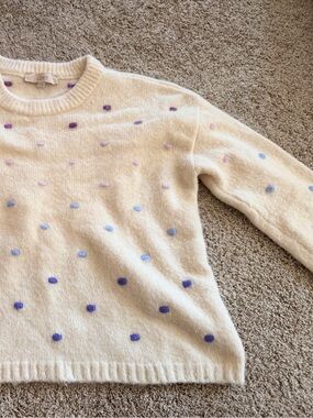 LOFT Cream Crewneck Sweater with Lavender and Periwinkle Polka Dots